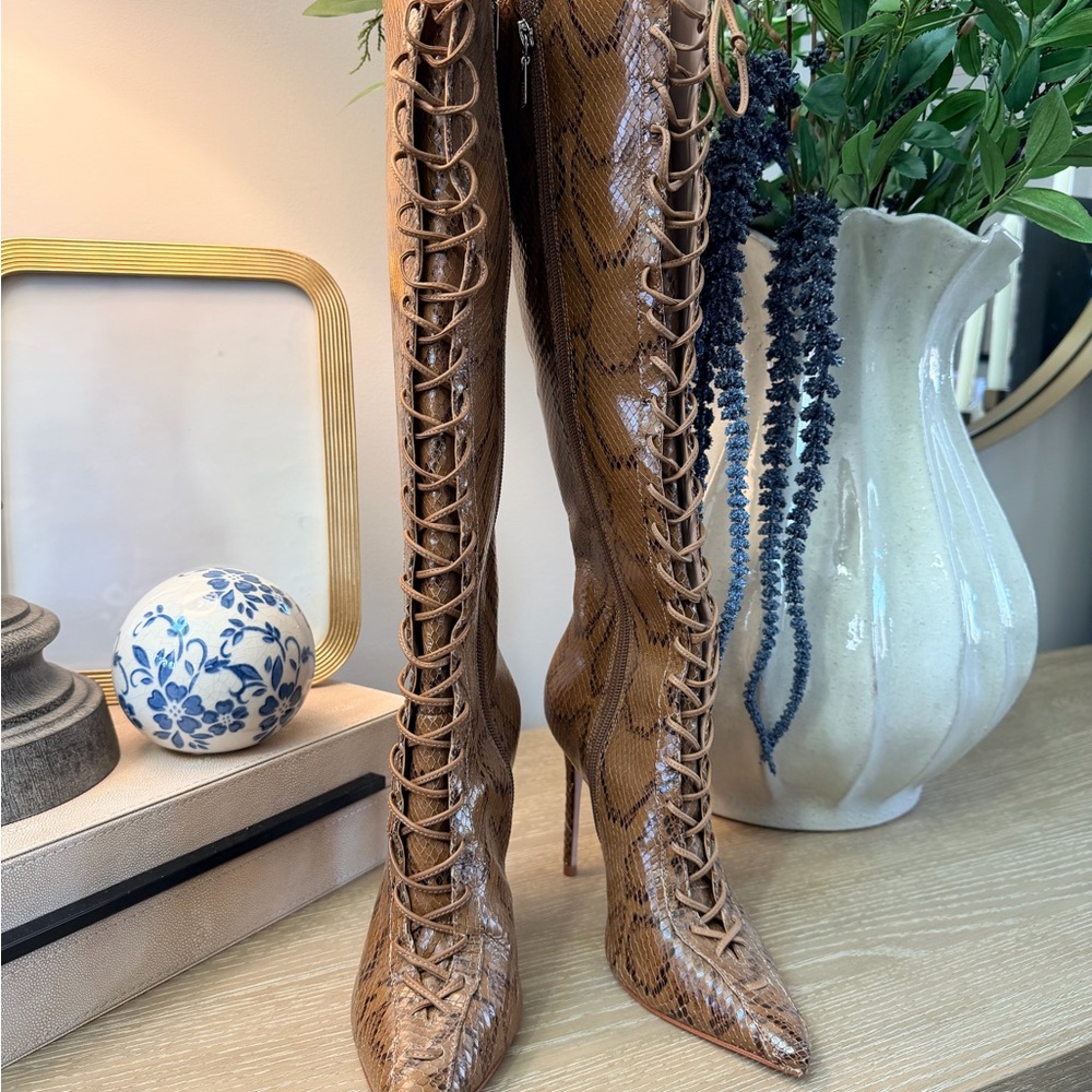SCHUTZ Tan Snakeskin Over the Knee Boots